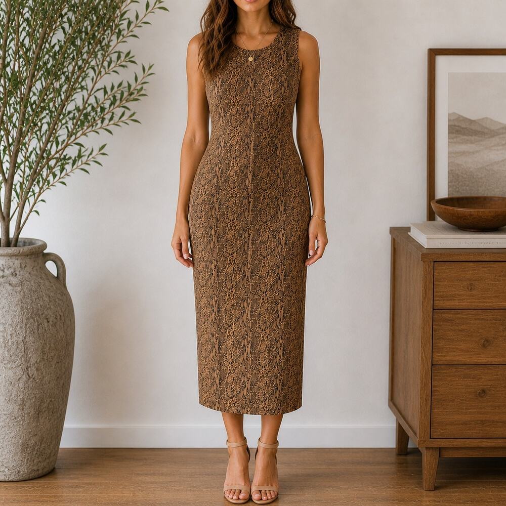 Spencer Jeremy Tan Leopard Print Silk Midi Dress Sleeveless Sz L
